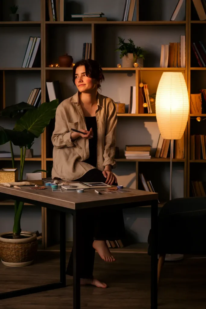 front-view-woman-with-journal-home